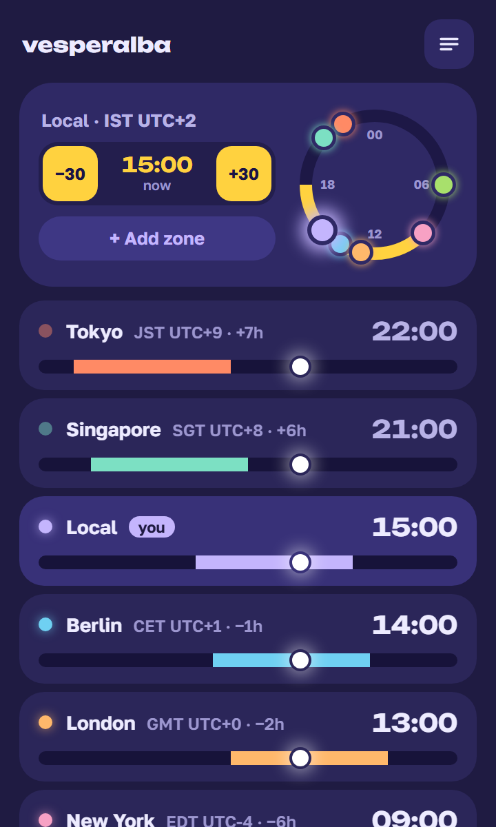Vesperalba world clock in dark mode